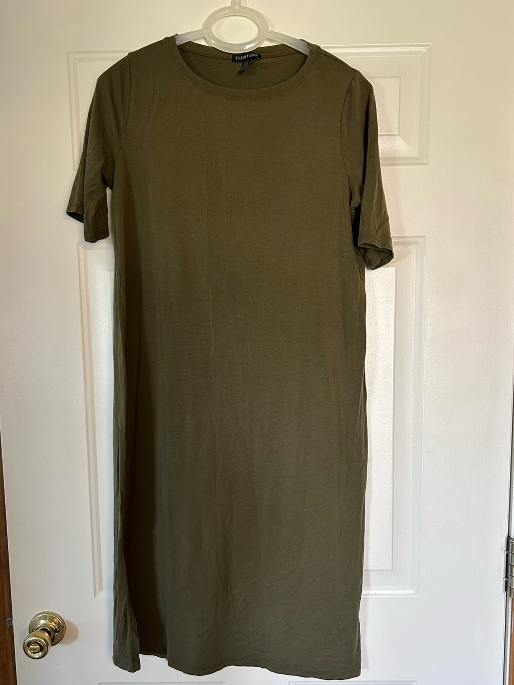Eileen Fisher Olive Green Midi Crewneck Tencel Dress